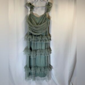 Lulus Pure Radiance Sage Brush Mesh Swiss Dot Tierred Maxi Dress 2X